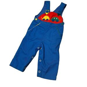 Vintage Kids Overalls Toddler blue cars 12 months snap buckles leg snaps primary